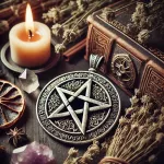 Dall e 2025 03 13 19 00 59 a mystical and detailed photograph of a wiccan altar accessory the image features a beautifully crafted pentacle pendant with intricate engravings r