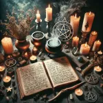 Dall e 2025 03 13 19 02 14 a mystical and detailed photograph of a wiccan altar setup without a pendant the image features an arrangement of ritual candles an open grimoire wi