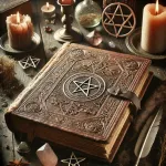 Dall e 2025 03 13 19 03 50 a realistic and mystical photograph of an ancient wiccan grimoire the book has a worn leather bound cover with intricate embossed symbols and a meta