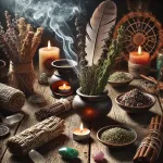 Dall e 2025 03 13 19 05 16 a realistic and mystical photograph of incense herbs and smudging sticks used for purification rituals the composition includes bundles of dried sa