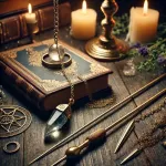 Dall e 2025 03 13 19 08 36 a mystical and realistic photograph of dowsing rods and a divination pendulum used for energy work and divination the scene features a pair of brass 