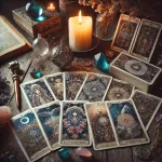 Dall e 2025 03 13 19 09 57 a mystical and realistic photograph of divination cards spread out on a wooden table used for fortune telling the deck includes beautifully illustra