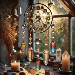 Dall e 2025 03 13 19 18 19 a realistic and mystical photograph of a sun catcher hanging by a window capturing sunlight to create magical colorful reflections the sun catcher 