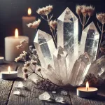 Dall e 2025 03 13 19 21 25 a realistic photograph of clear quartz crystal clusters rock crystal displayed in a mystical and serene setting the crystals have sharp transparen